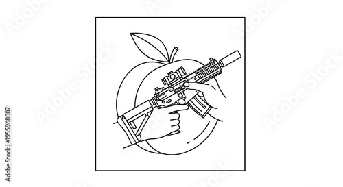 Hand holding assault rifle in front of a peach, gun rights, second amendment concept