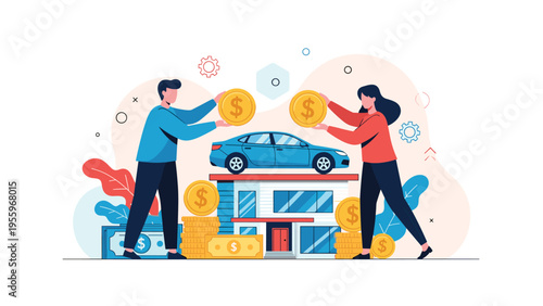 Man and woman holding large coins over a car and house to represent financing options for personal assets and loans.