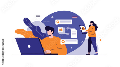 Two people collaborating remotely using a laptop and smartphone within a vibrant digital space filled with communication icons.