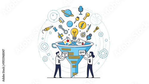 Professionals managing a large funnel where various ideas and information icons are being processed into structured data formats.