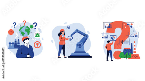 Industrial automation and artificial intelligence impact on global economy represented by worker, robotic arm, and data analysis charts.