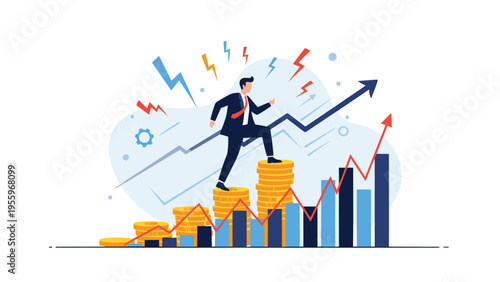 Successful businessman running up financial bar charts made of gold coins towards a growing arrow to represent wealth and career growth.