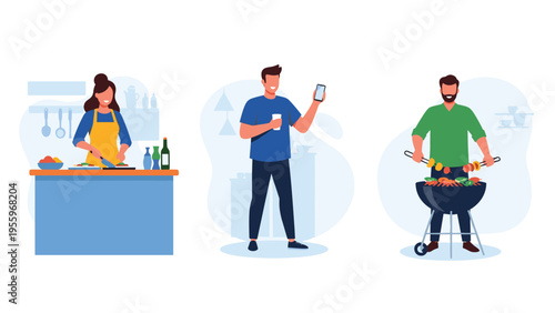 Lifestyle activities showing a woman cooking in the kitchen, a man using a smartphone, and another man grilling food on a barbecue.