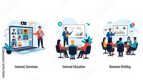 Diverse corporate communication scenarios including internet seminars, internal employee education, and strategic business briefings for teams.