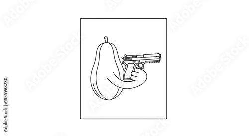 Funny Pear Character Holding a Pistol Gun, Cartoon Style