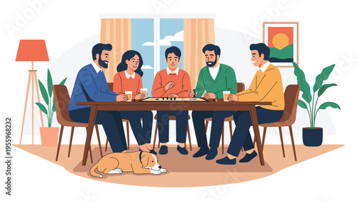 Group of diverse friends and family members enjoying a board game and drinks together in a cozy living room with a pet dog for entertainment.