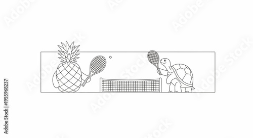 Funny pineapple and turtle playing tennis on a court with a net
