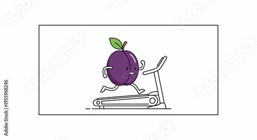 Funny plum character running on treadmill, healthy lifestyle concept, cartoon style