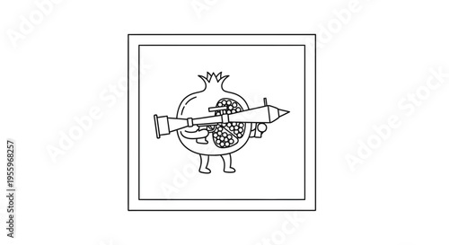 Funny Pomegranate Character Holding Rocket Launcher, Cartoon Style