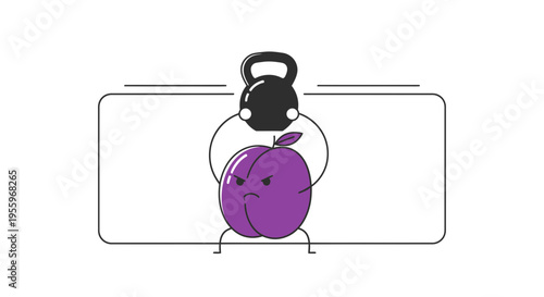 Funny Plum Character Lifting Kettlebell, Healthy Lifestyle and Fitness Concept