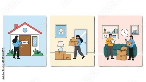 Illustrated sequence of events showing a house for sale, packing boxes for moving, and a couple settling into their new residential home.