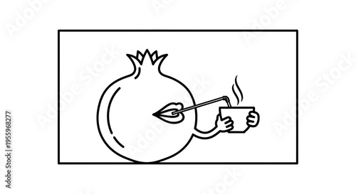 Funny Pomegranate Drinking Coffee with Straw and Lips, Cartoon Style