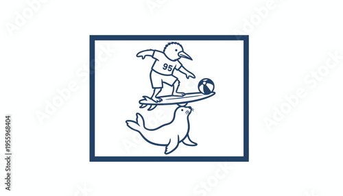 Funny cartoon bird surfing on seal balancing ball, playful animal circus act