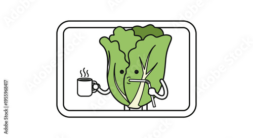 Funny cartoon lettuce character with coffee mug and straw, healthy food concept