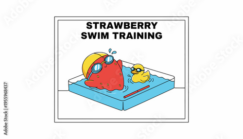 Funny cartoon strawberry wearing goggles training to swim with rubber duck
