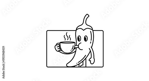 Funny chili pepper character drinking hot coffee, cartoon style