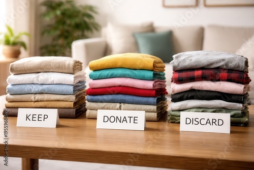Organized folded towels labeled keep donate discard on wooden table in cozy home setting