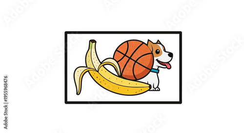 Funny dog wearing basketball as a body, with a banana peel