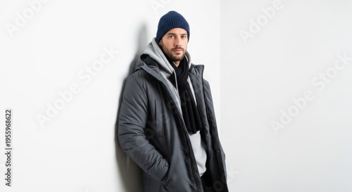 Man in winter clothing standing against a wall with hands in pockets looking directly