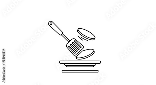 Flipping Pancakes with Spatula on Plate, Breakfast Cooking Icon, Line Art