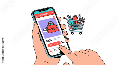 Hands holding smartphone with shopping app.