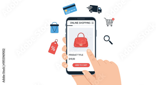 Hand holding smartphone with shopping app.