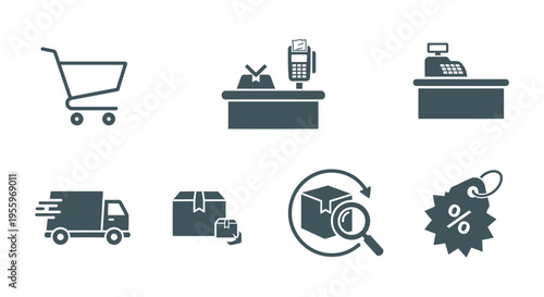 Ecommerce shopping cart and delivery icons.