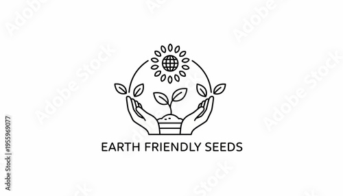 Earth Friendly Seeds Logo: Hands Holding Sprout, Sunflower, Globe, Leaves, Eco Concept