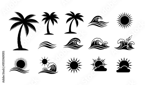 Palm tree wave sun silhouette icons tropical beach vector set