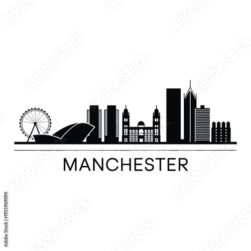 A black silhouette of the manchester skyline with the city s name