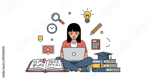 Woman Using Laptop With Books.