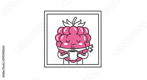 Cute Raspberry Character Holding a Hot Drink in a Mug