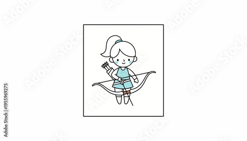 Cute Sagittarius Zodiac Sign Girl Archer with Bow and Arrow, Cartoon Style