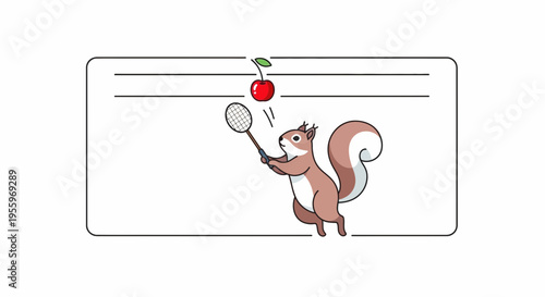 Cute squirrel playing badminton with a cherry on a white background
