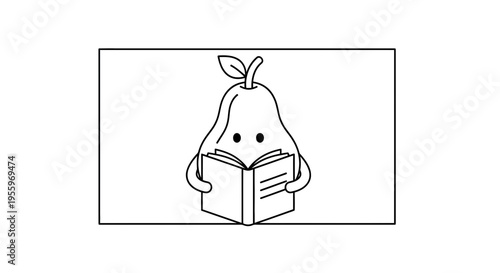 Cute Pear Character Reading a Book, Educational Concept, Black and White Line Art