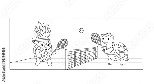 Cute Pineapple and Turtle Playing Tennis Together on a Court