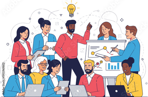 Diverse team collaborating on project with laptops and presentation