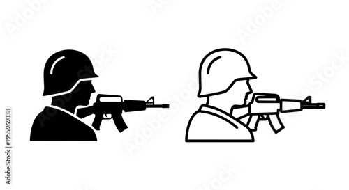 Military soldier with rifle icon: modern graphic symbol for army, security, and combat concepts