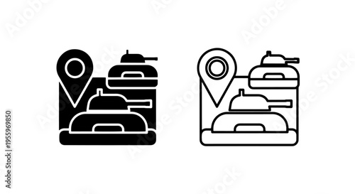 Military location pin tank war conflict army black glyph and outline vector icon