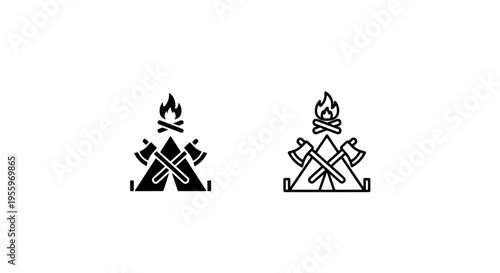 Camping adventure icon: outdoor tent, axes, and campfire symbol for travel and exploration