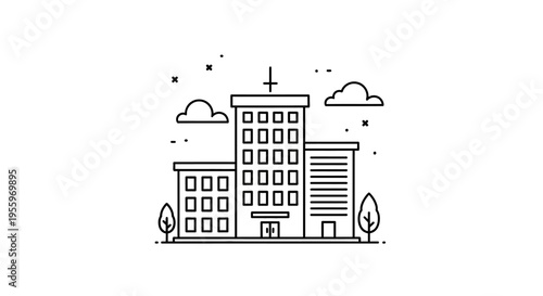Modern line art illustration of a hospital or medical clinic building complex with a cross symbol, minimalist healthcare architecture concept.