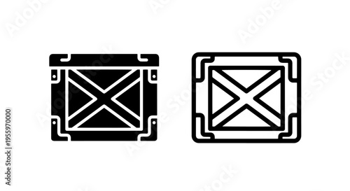 Shipping crate icon set: solid black and outline vector illustration for cargo and storage