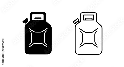 Jerry can icon set: solid black and outline vector illustration for fuel supply and storage