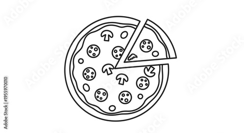 Outline icon of a whole pizza with one slice cut out, featuring mushroom and pepperoni toppings on a round crust