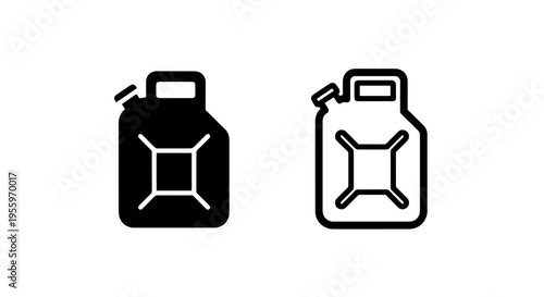 Jerry can icon set: solid black and outline vector illustration for fuel supply and storage