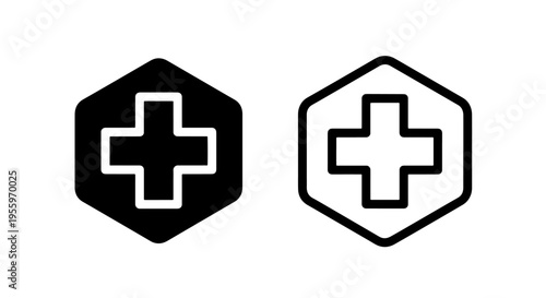 Hexagonal cross medical icon set: health, plus sign, first aid, and pharmacy concept