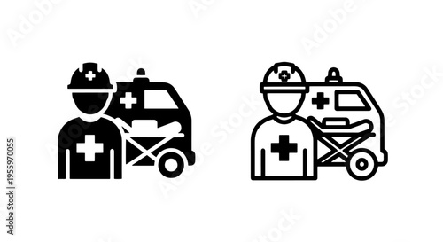 Medic and ambulance emergency healthcare icon set: first aid, paramedic, and rescue service