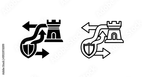 Digital fortress security icon with shield and arrows for cyber defense strategy