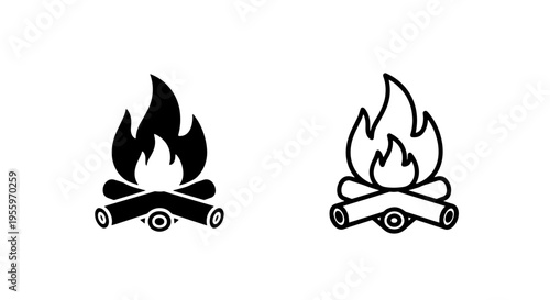Campfire and wood logs icons in solid and line art style for camping and hiking graphic design