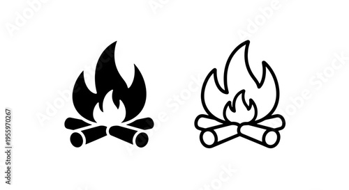 Campfire and wood log icons in solid and outline style for camping and outdoor adventure design